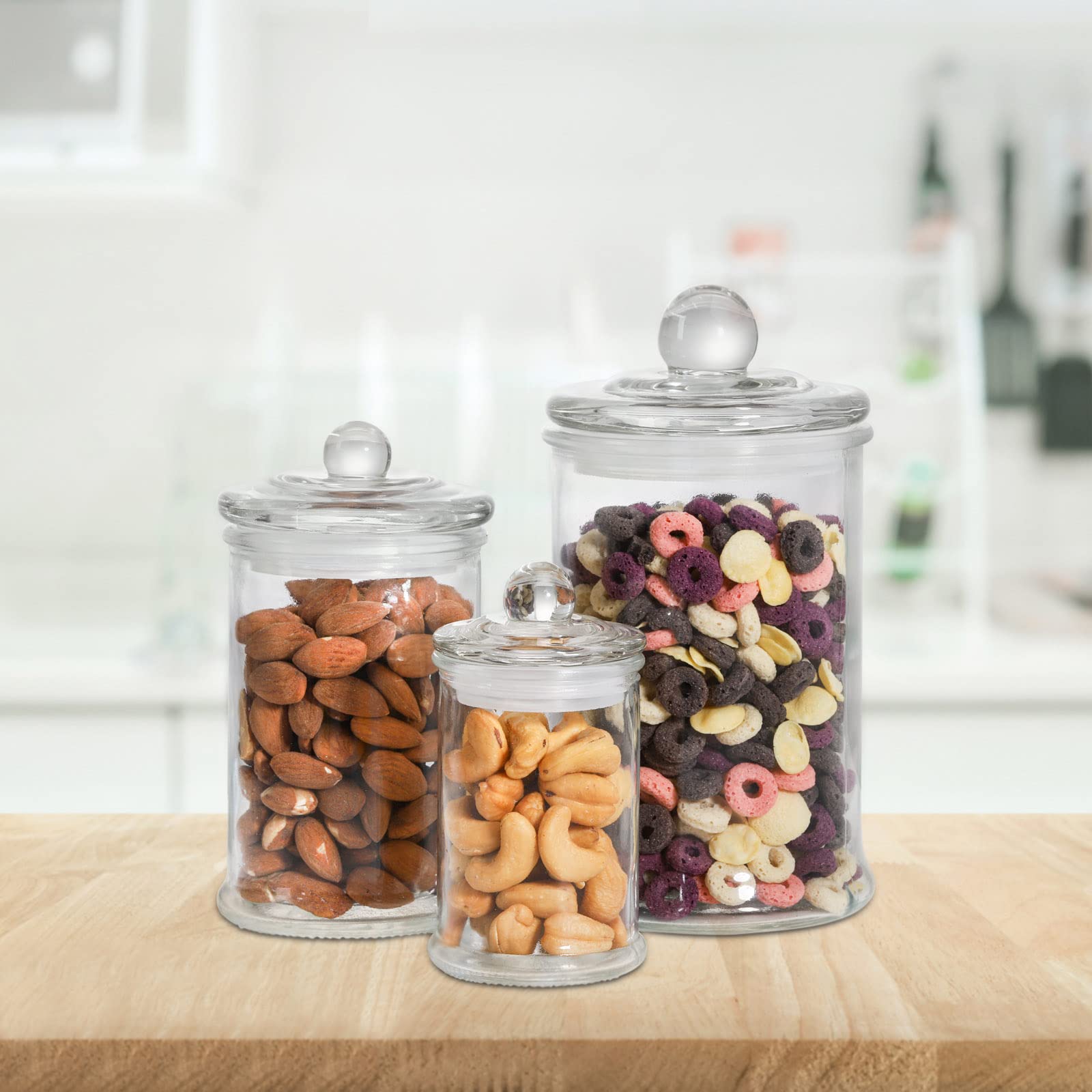 Suwimut three-piece glass apothecary set helps you see contents at a glance.