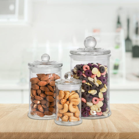 Suwimut three-piece glass apothecary set helps you see contents at a glance.