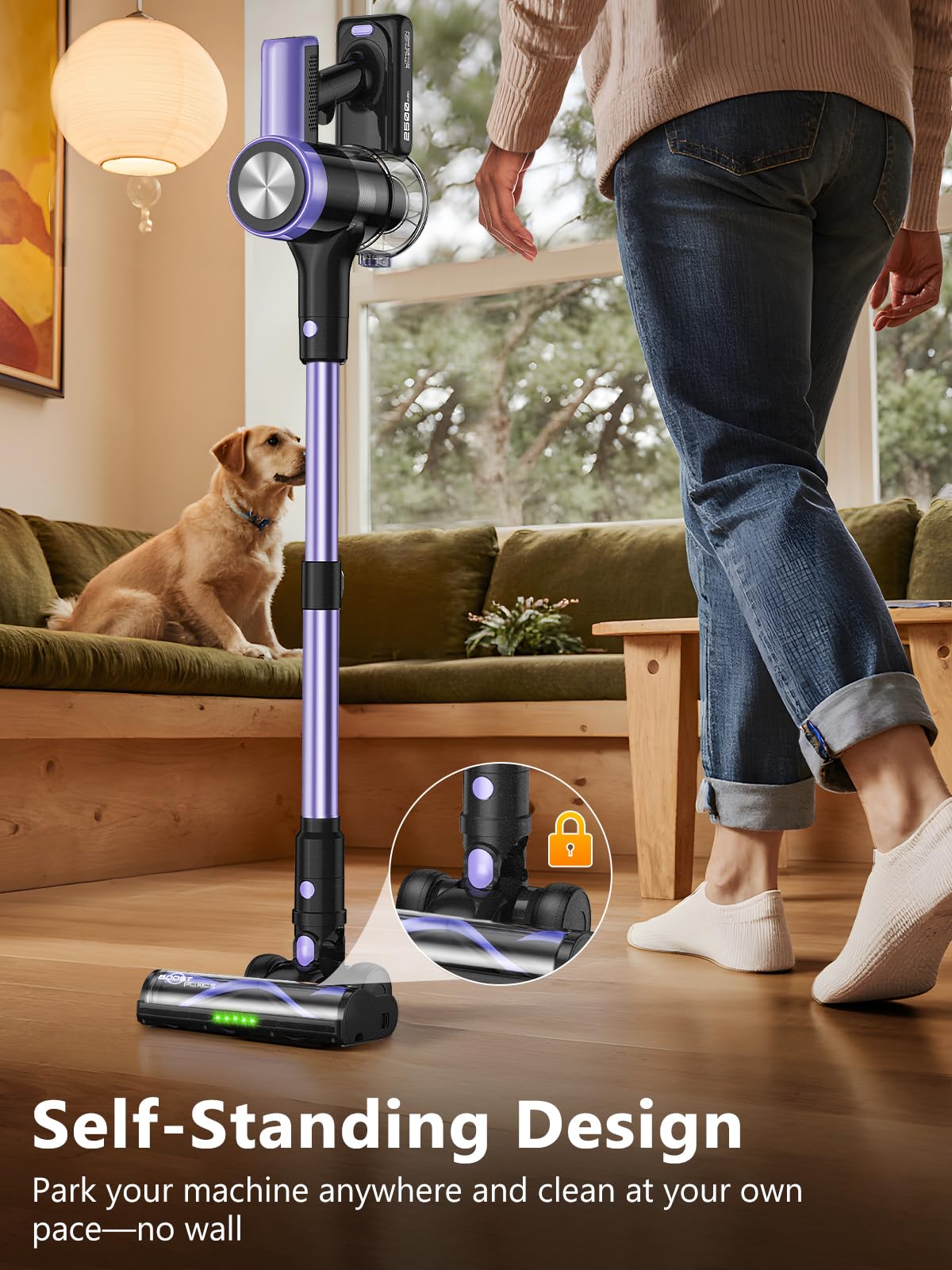 SUXIANGVAC self-standing stick vacuum ready for quick pauses during cleaning.