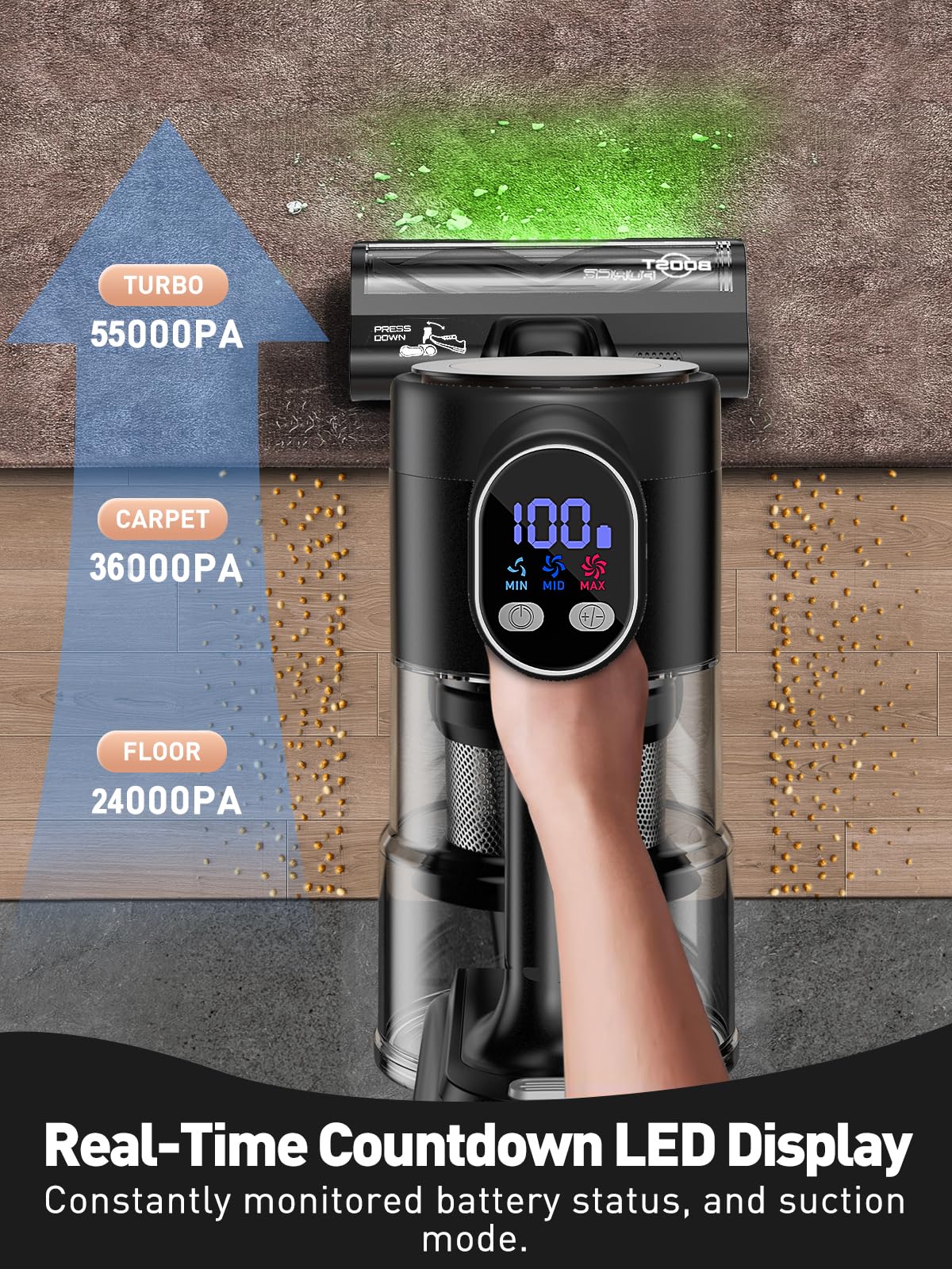 SUXIANGVAC 55kpa suction captures stubborn dirt from carpets and floors.