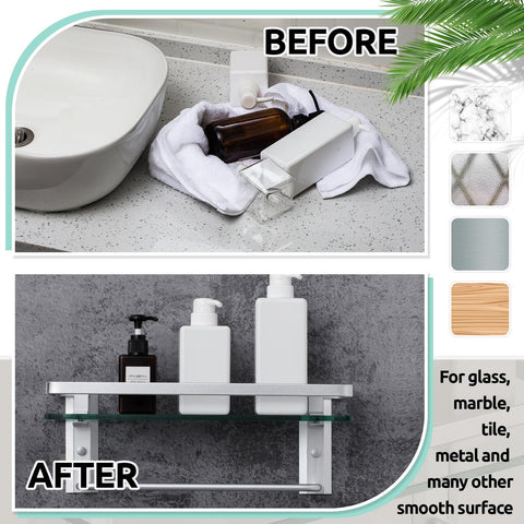 Suzile aluminum rails in silver finish resist wear in humid spaces.