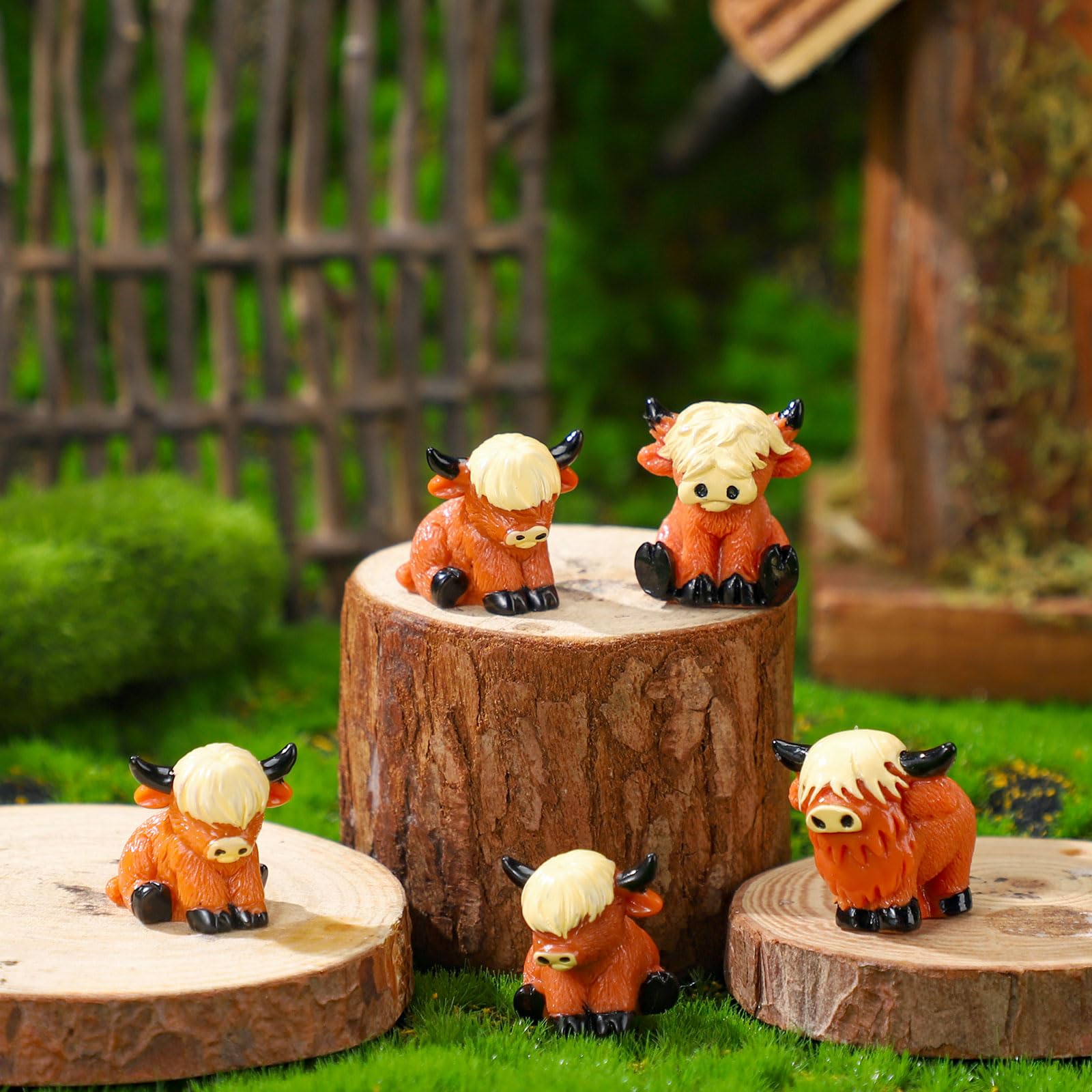 Suzile Highland cow miniatures pack, colorful trio for gardens and crafts.