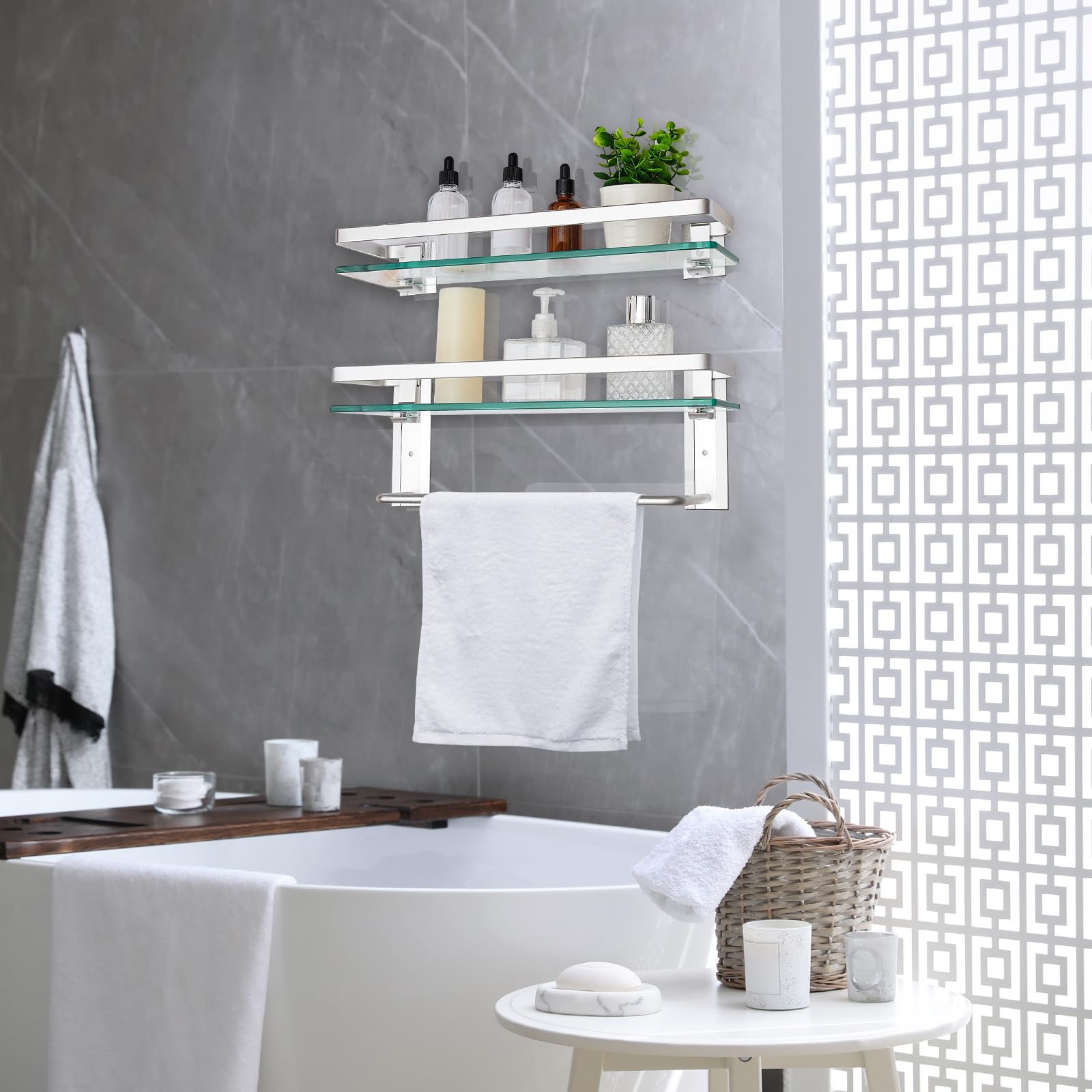 Suzile versatile shelf doubles as kitchen or vanity storage.