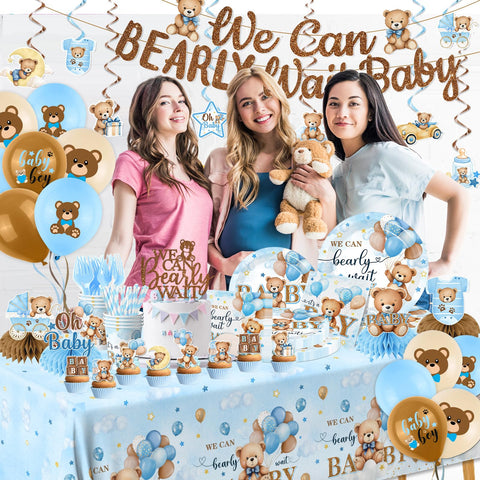 Suzkoqo Bear-themed tablecloth creates a cohesive party base for the celebration.