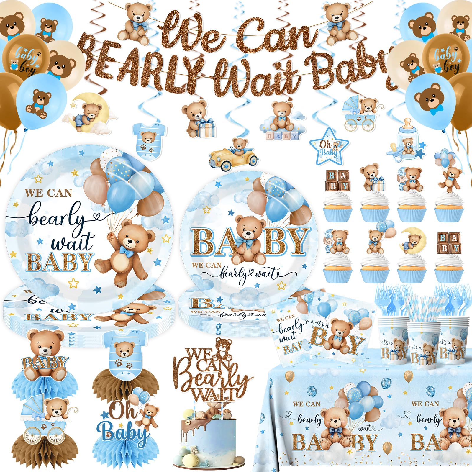 Suzkoqo Blue Bear Banner enhances the baby shower backdrop with playful charm.