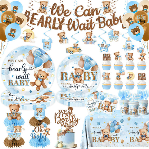 Suzkoqo Blue Bear Banner enhances the baby shower backdrop with playful charm.