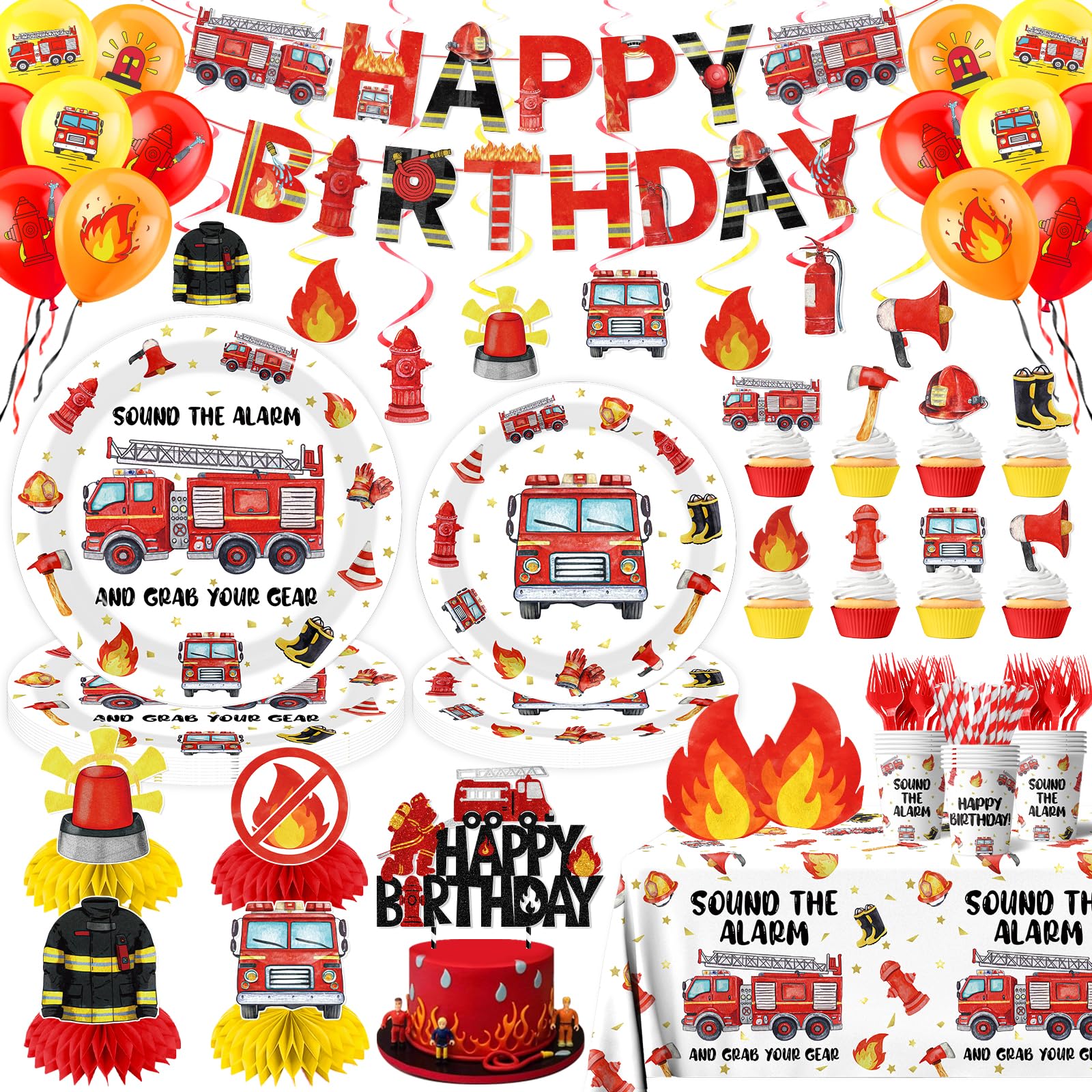 Suzkoqo Fire Truck banner elevates the party entrance with bright firefighter-themed flair.