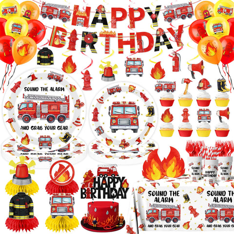Suzkoqo Fire Truck banner elevates the party entrance with bright firefighter-themed flair.