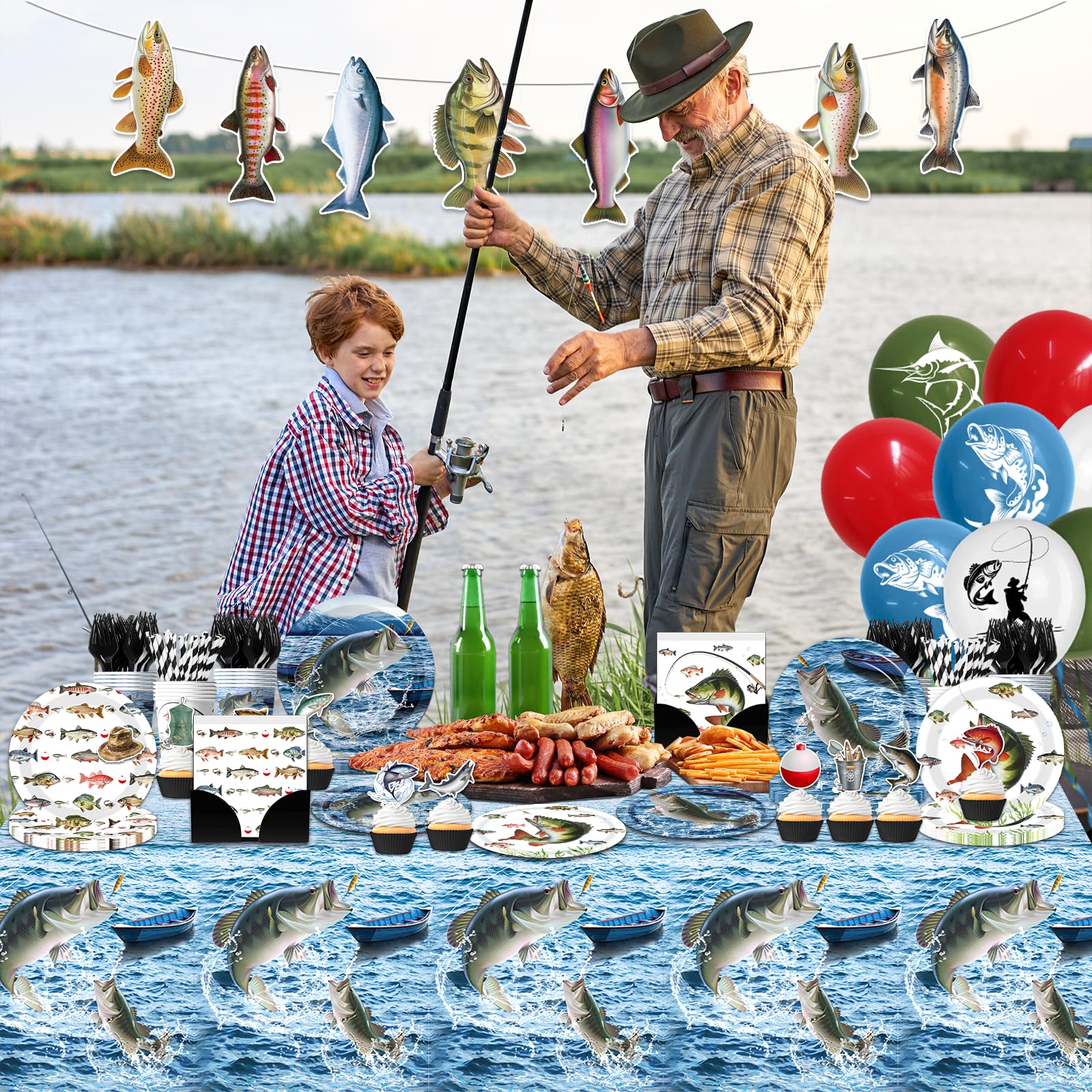 Suzkoqo fishing party tablecloth and banner for immersive ocean vibes.