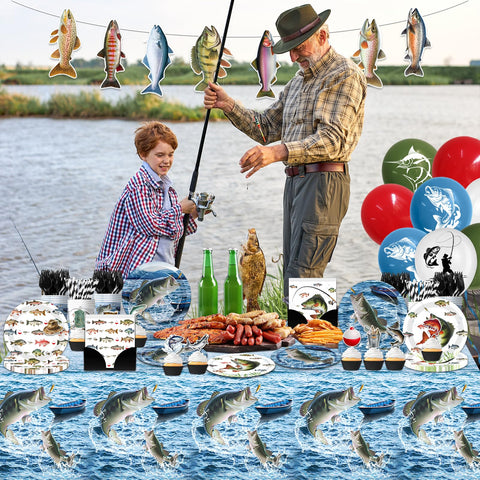 Suzkoqo fishing party tablecloth and banner for immersive ocean vibes.