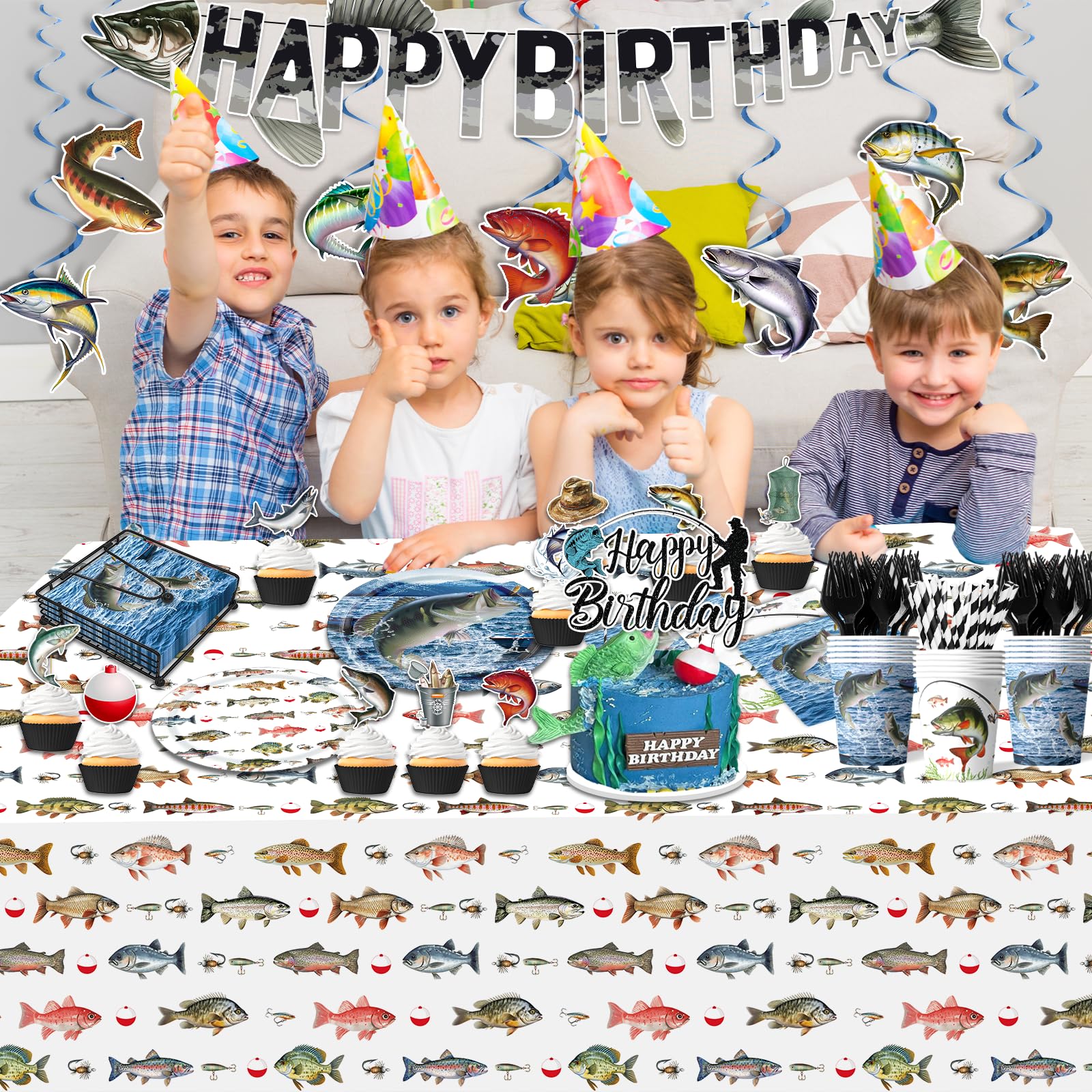 Suzkoqo Gone Fishing decor set enhances the party theme.