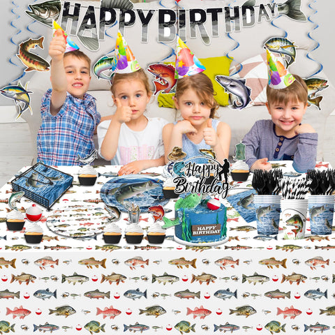 Suzkoqo Gone Fishing decor set enhances the party theme.
