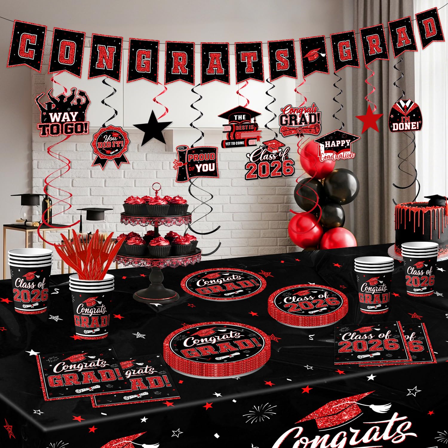 Suzkoqo graduation cutlery set with knives and forks in black-red for easy dining