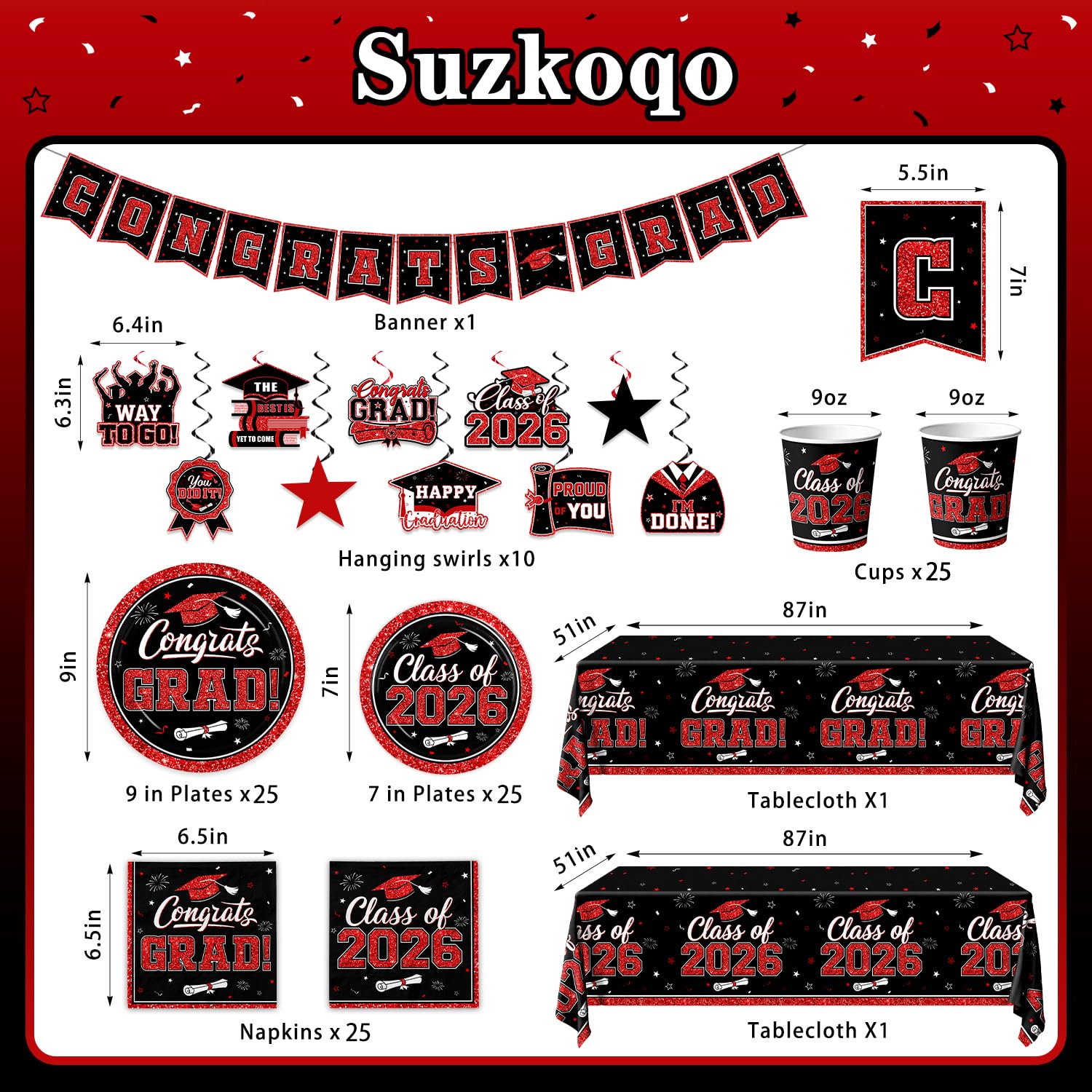 Suzkoqo grad hanging swirls in black-red create fluttering party decor