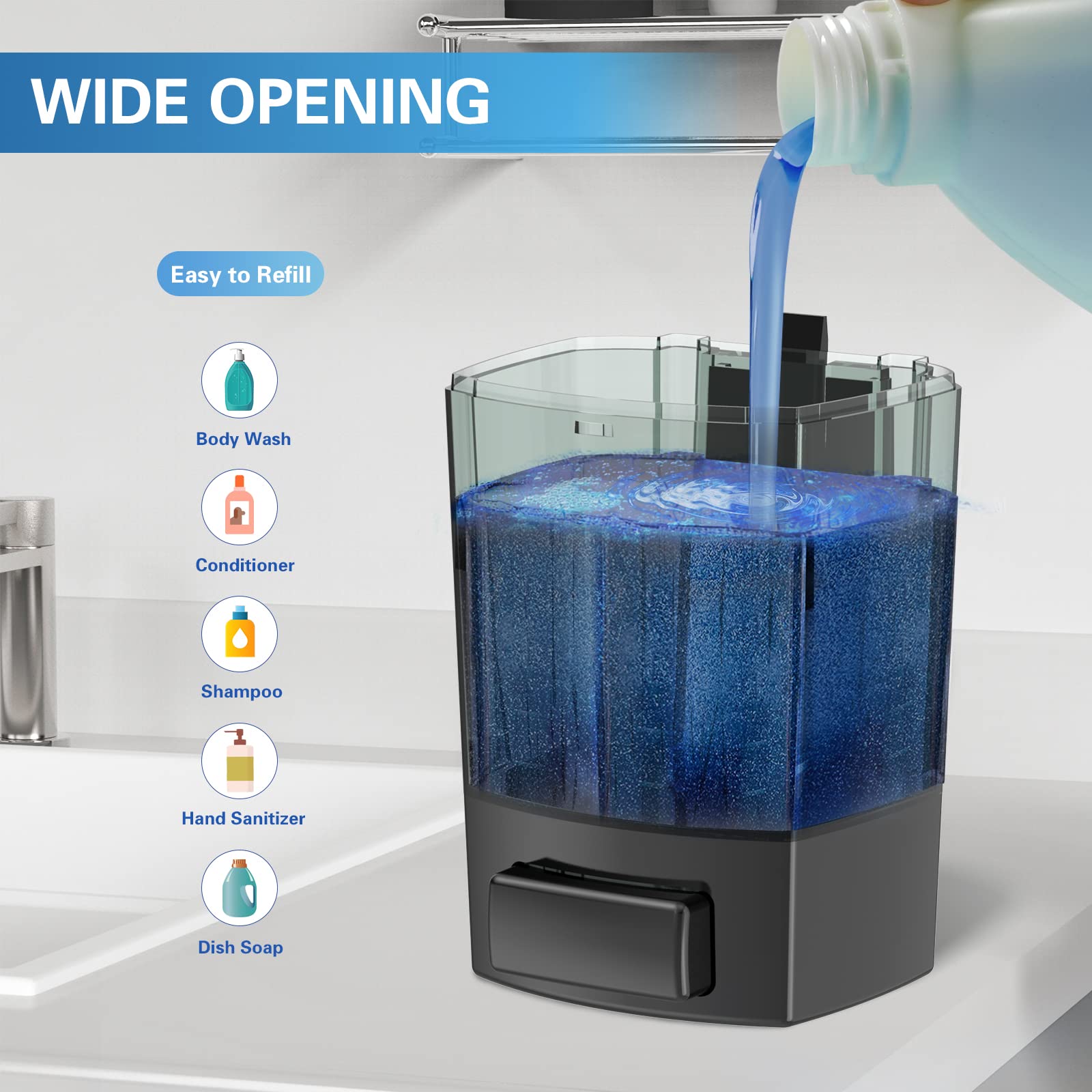 SVAVO refill opening enables quick, mess-free topping of liquid soap or sanitizer.