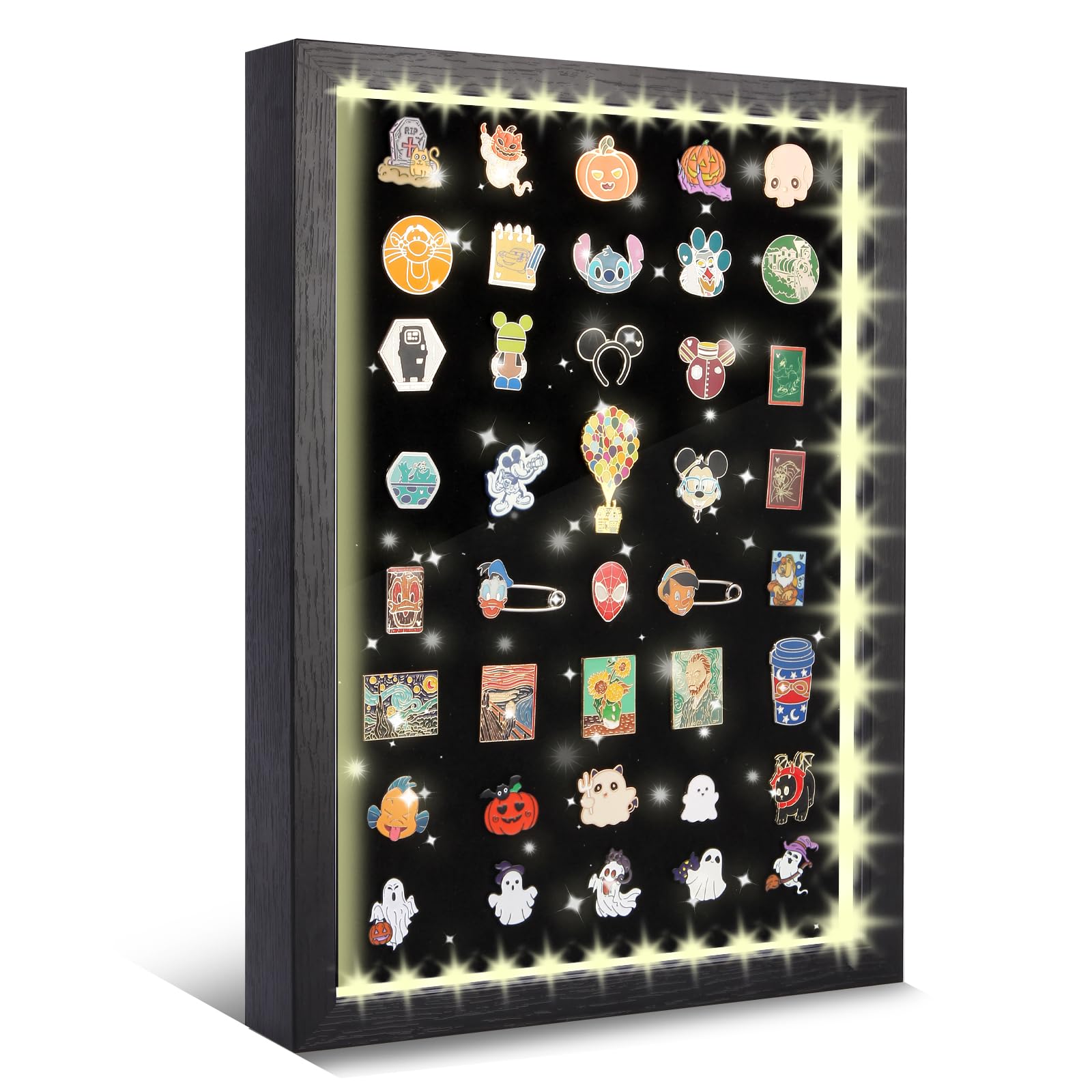 Swakuszy light up pin display case front view with soft illumination highlighting pins