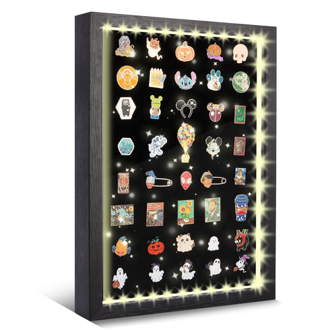 Swakuszy light up pin display case front view with soft illumination highlighting pins