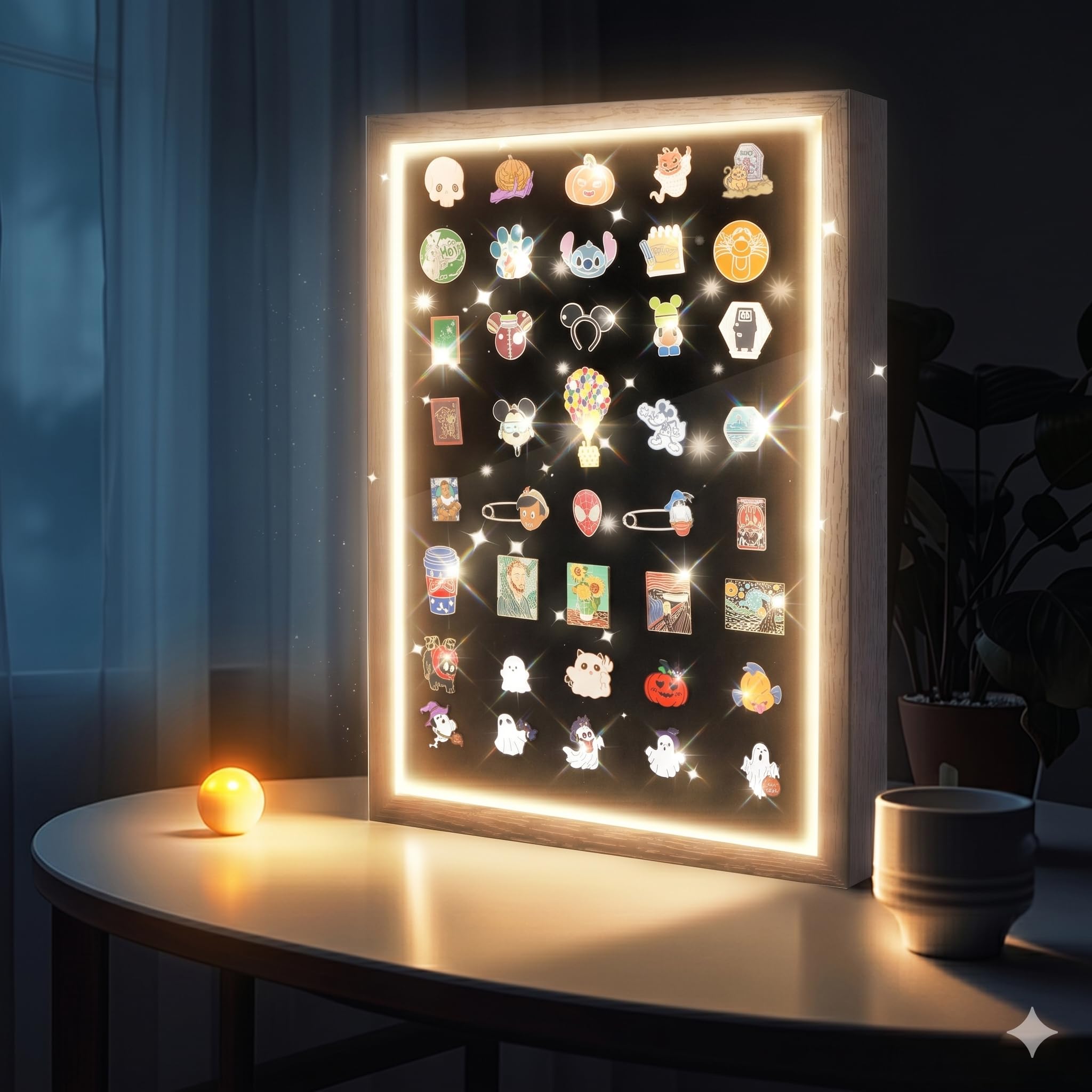 Swakuszy light up pin display case mounted on wall showcasing a curated collection
