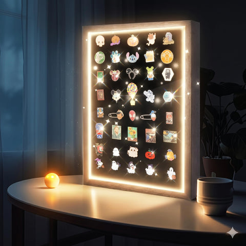 Swakuszy light up pin display case mounted on wall showcasing a curated collection