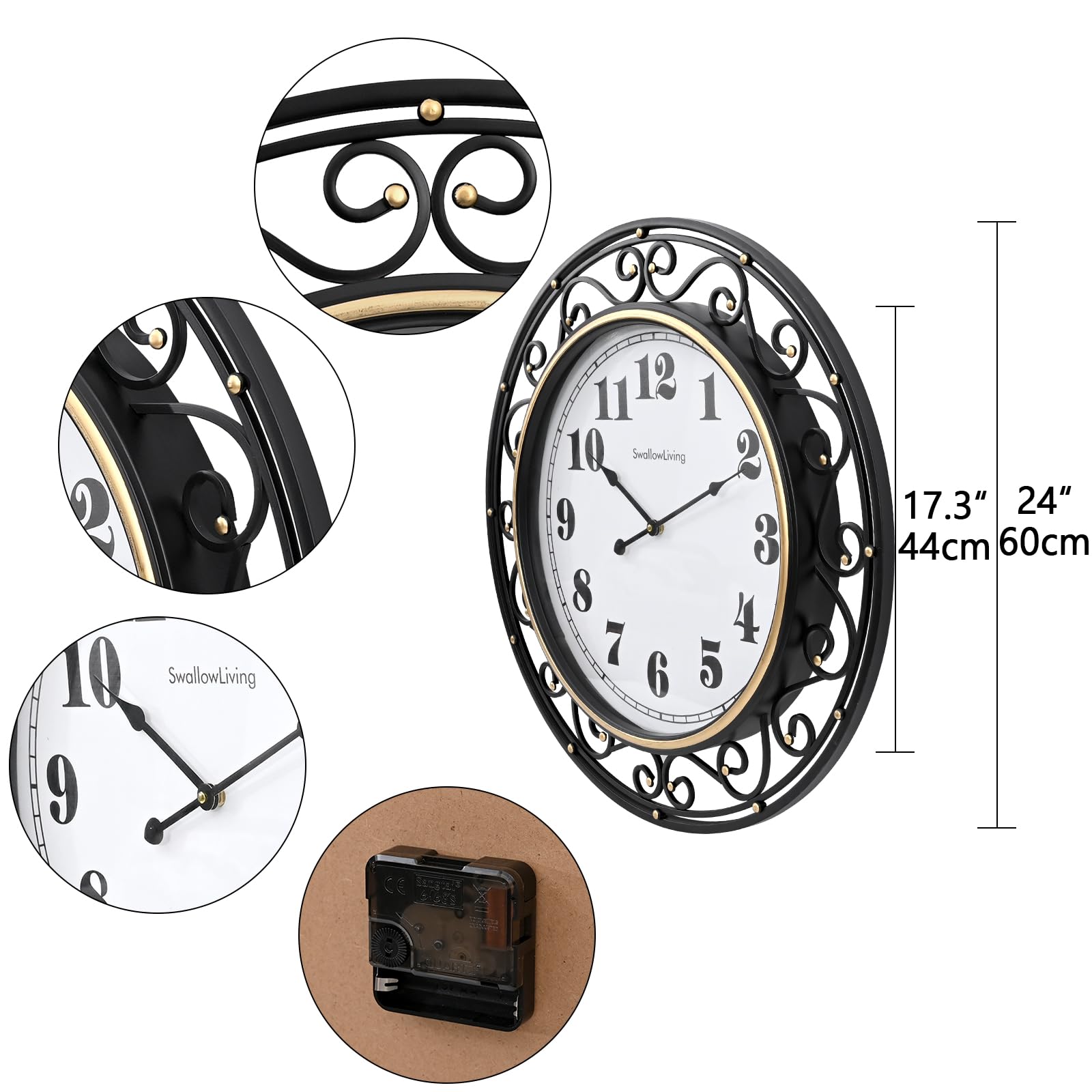 SwallowLiving 24inch vintage iron wall clock durable frame for long-lasting decor.
