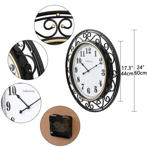 SwallowLiving 24inch vintage iron wall clock durable frame for long-lasting decor.