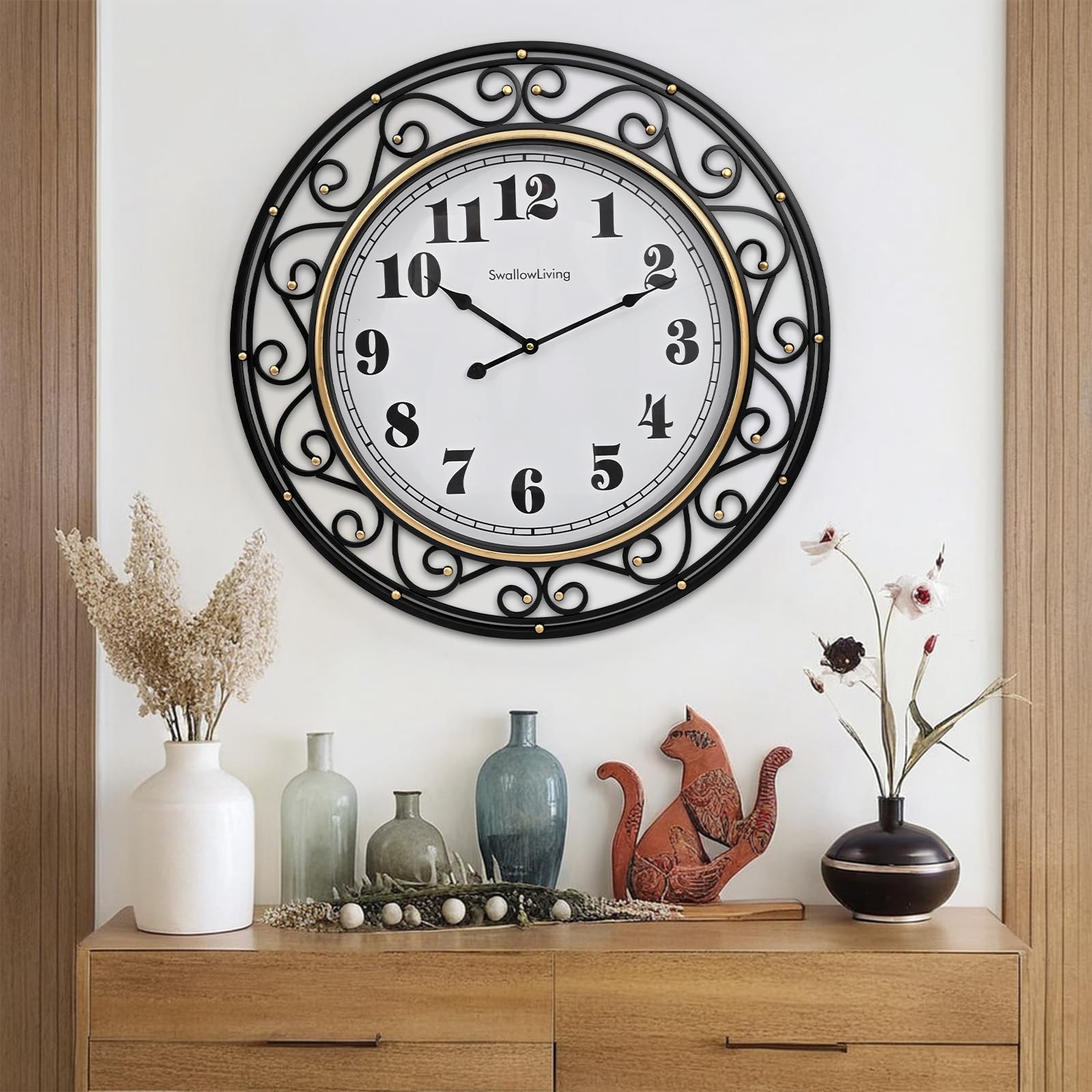 SwallowLiving 24inch vintage iron wall clock face with large, easy-to-read numerals.