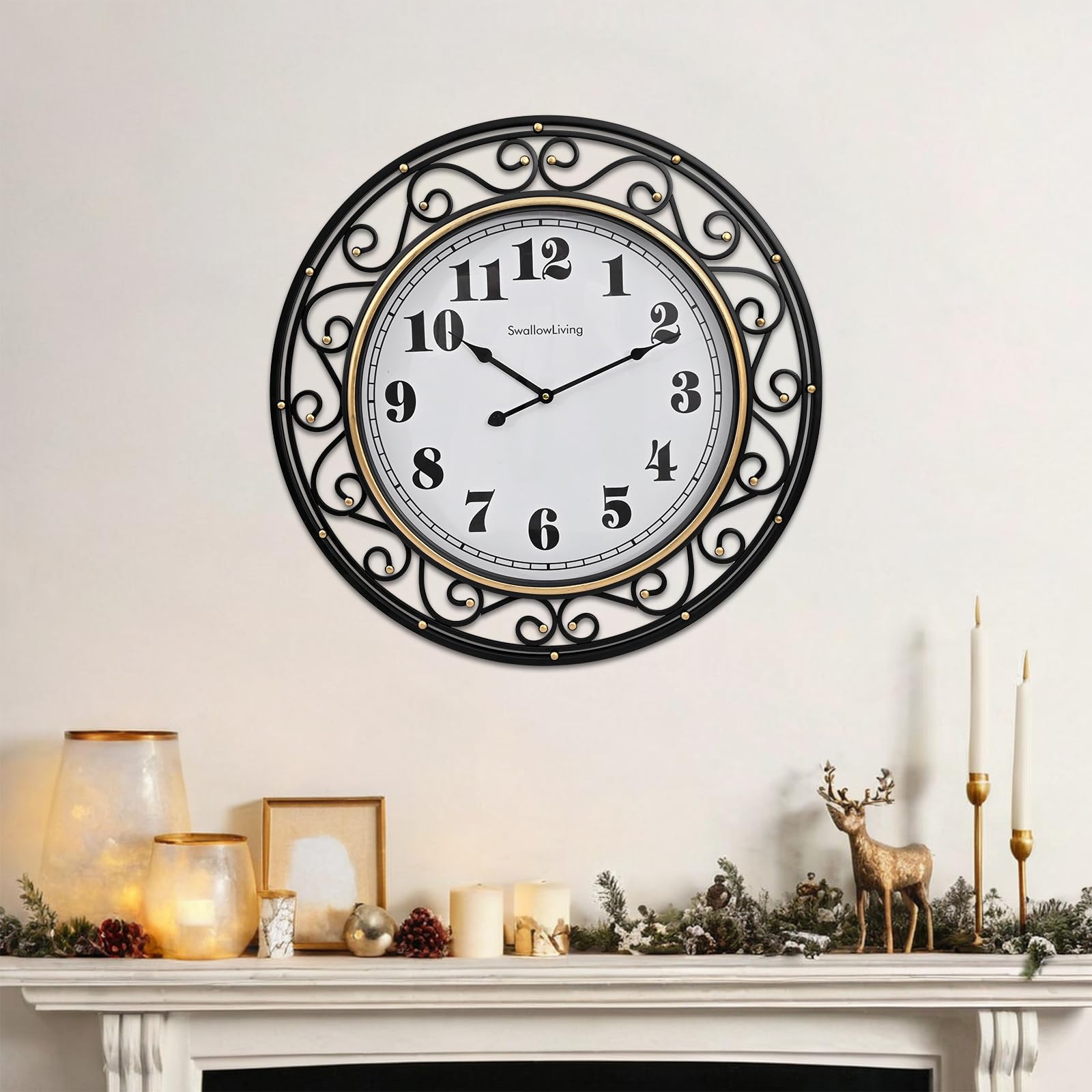 SwallowLiving 24inch vintage iron wall clock hangs easily in living rooms.