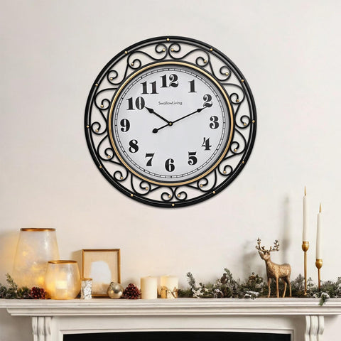 SwallowLiving 24inch vintage iron wall clock hangs easily in living rooms.