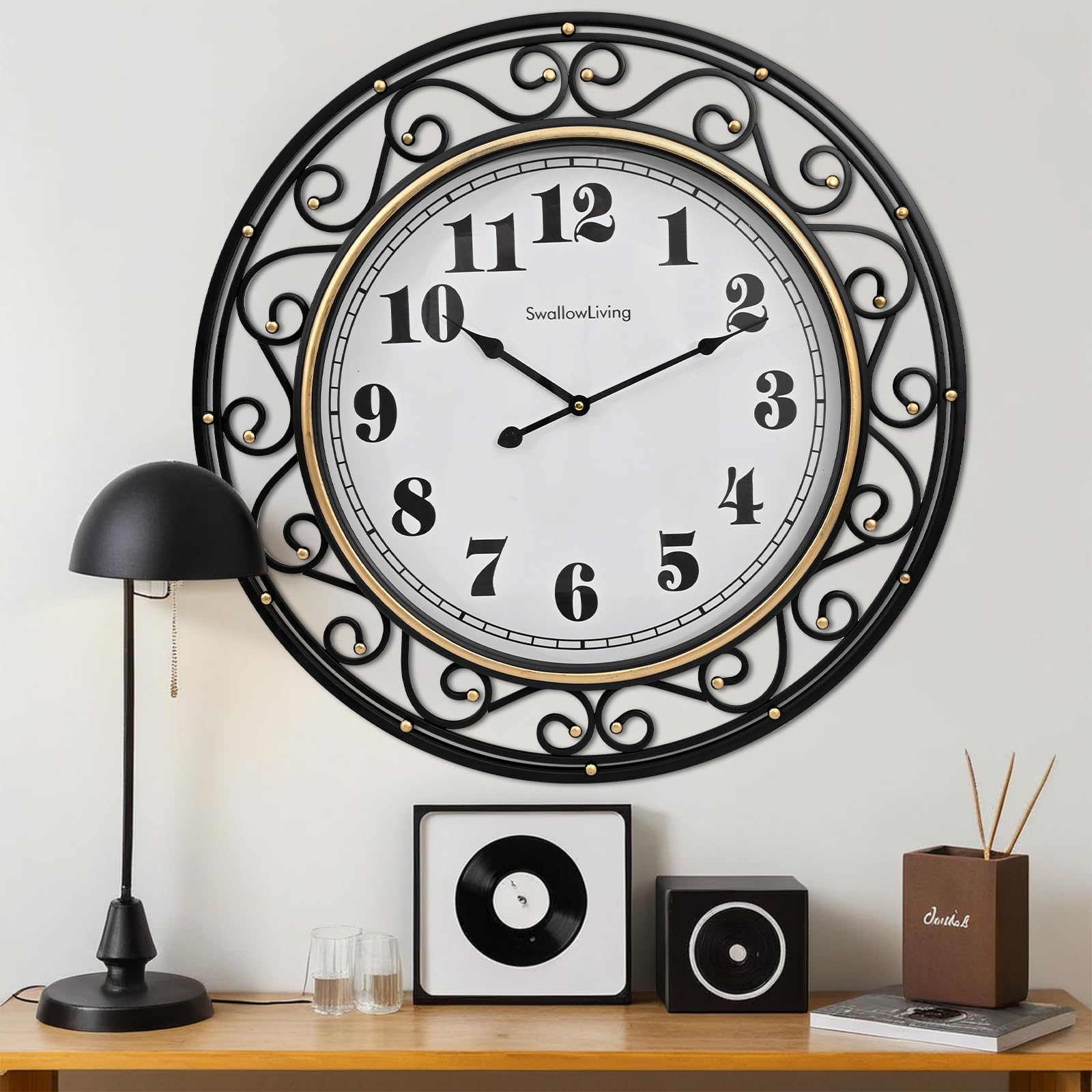 SwallowLiving 24inch vintage iron wall clock suits offices and classrooms.