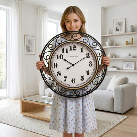 SwallowLiving 24inch vintage iron wall clock with silent movement for quiet spaces.