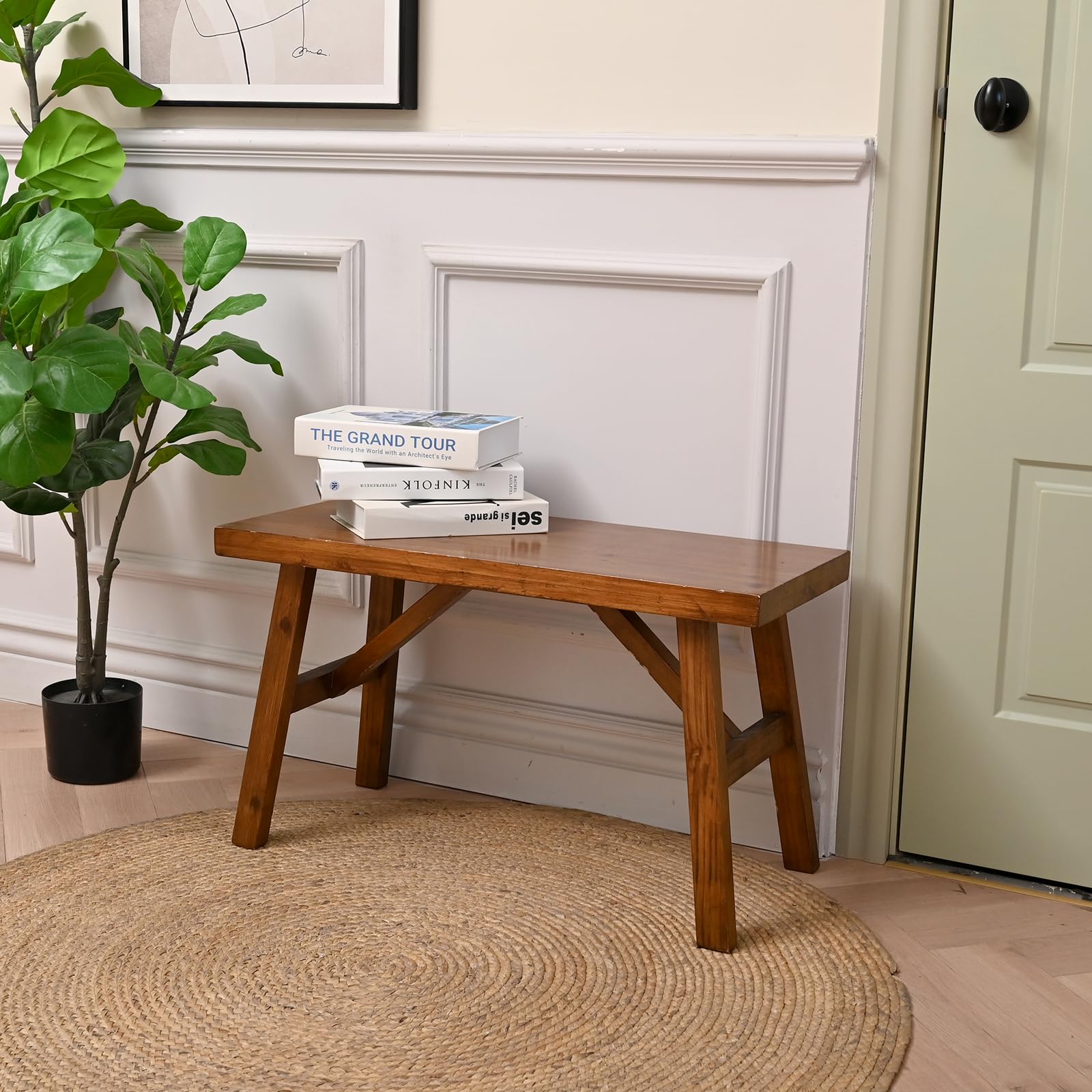 SwallowLiving handcrafted wood bench 30-inch front view, perfect for entryway seating.