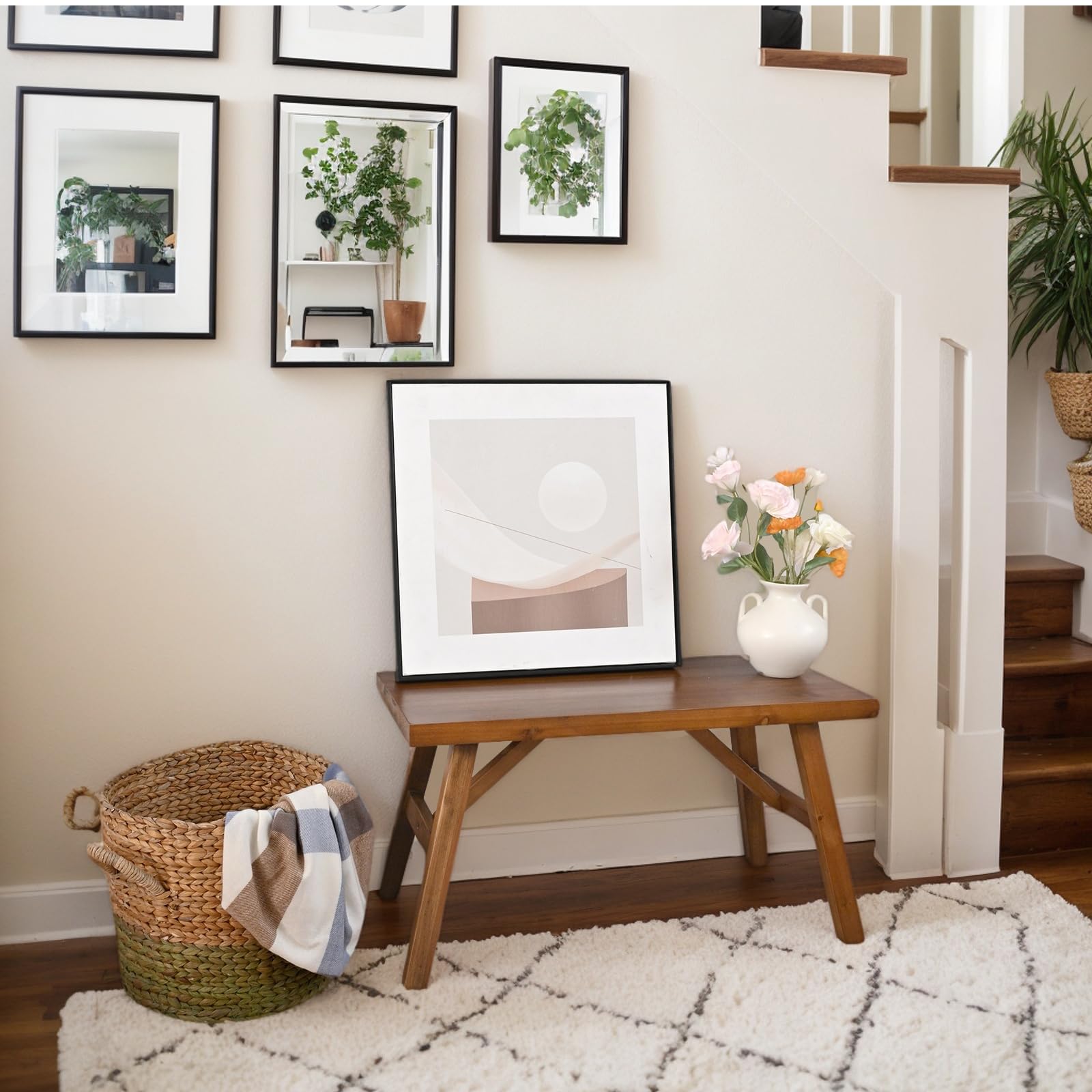 SwallowLiving rustic wood bench entryway detail with natural grain and hand finish.