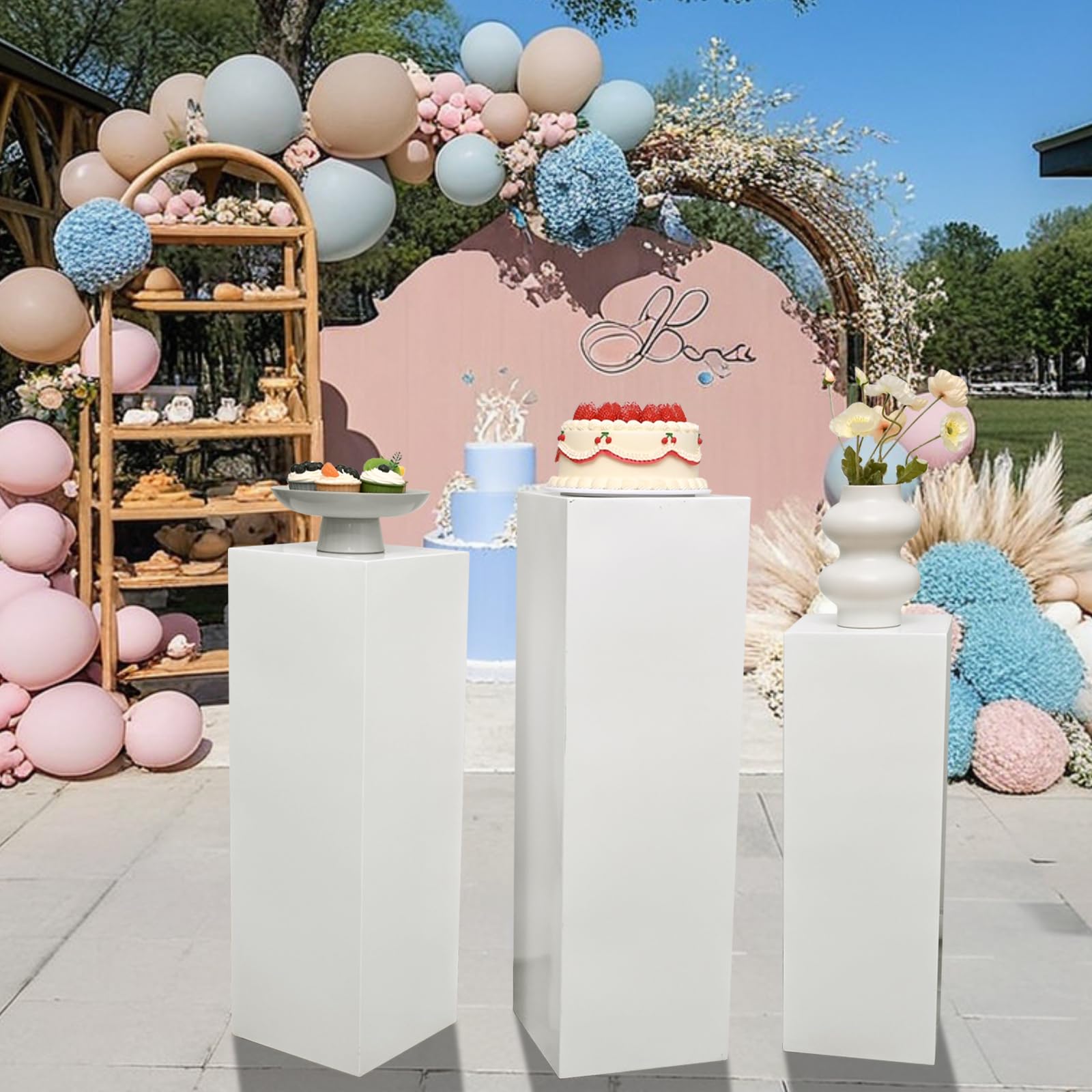 SwallowLiving white pedestal stand floral display enhances wedding decor
