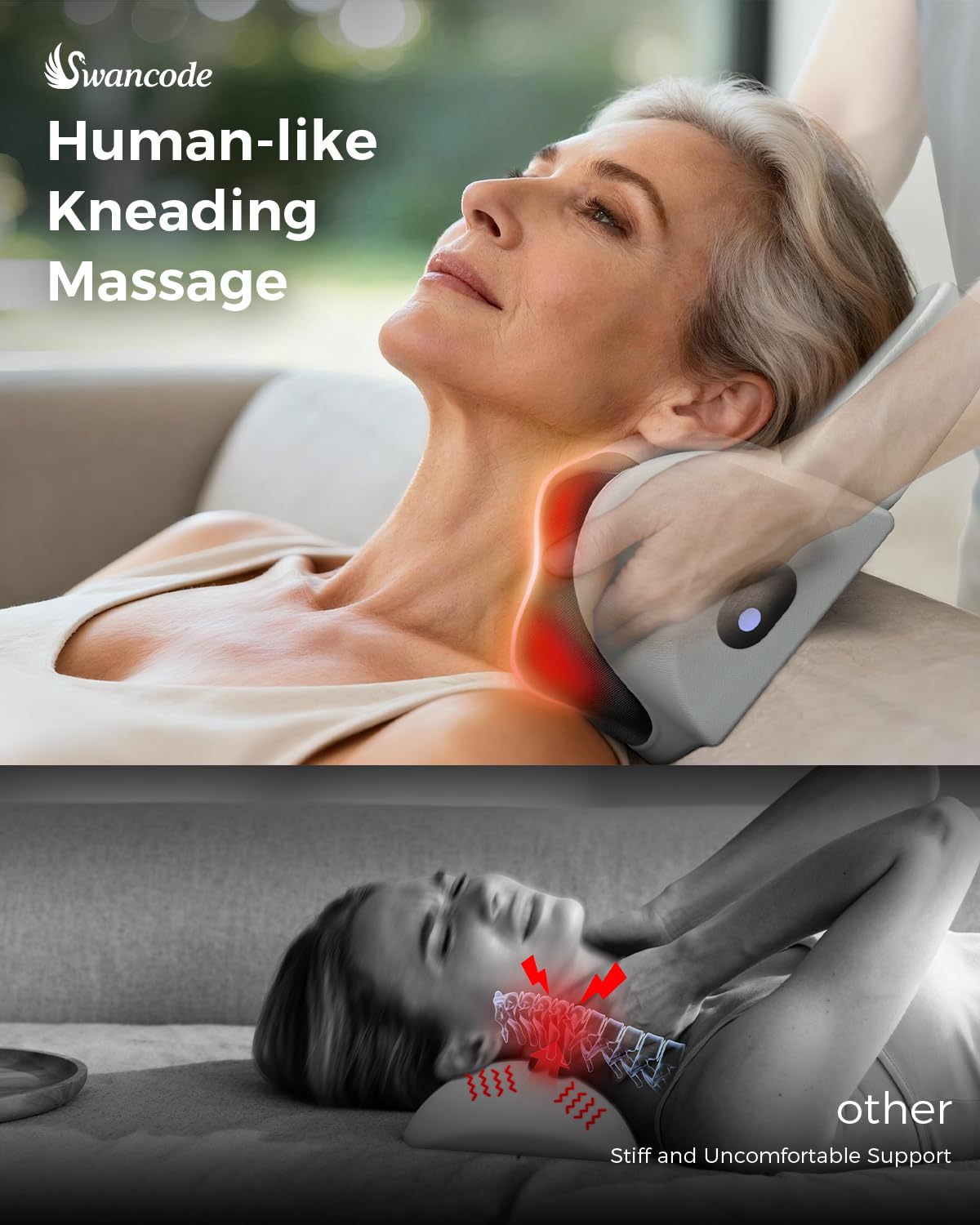 Swancode ergonomic memory foam neck massager supports neck and shoulders for comfort.