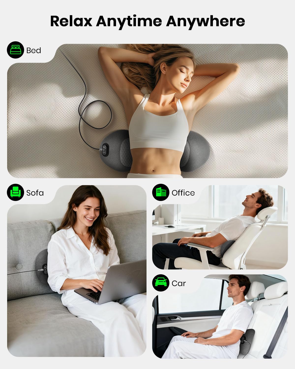 Swancode Triple Fusion Back Massager in use on sofa shows home relaxation potential.