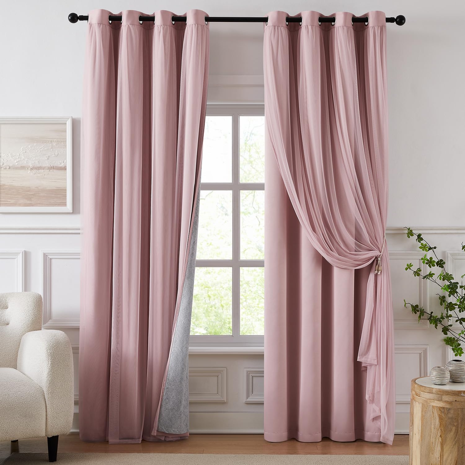 Swandream pink blackout curtains with double-layer design enhancing privacy and light control.