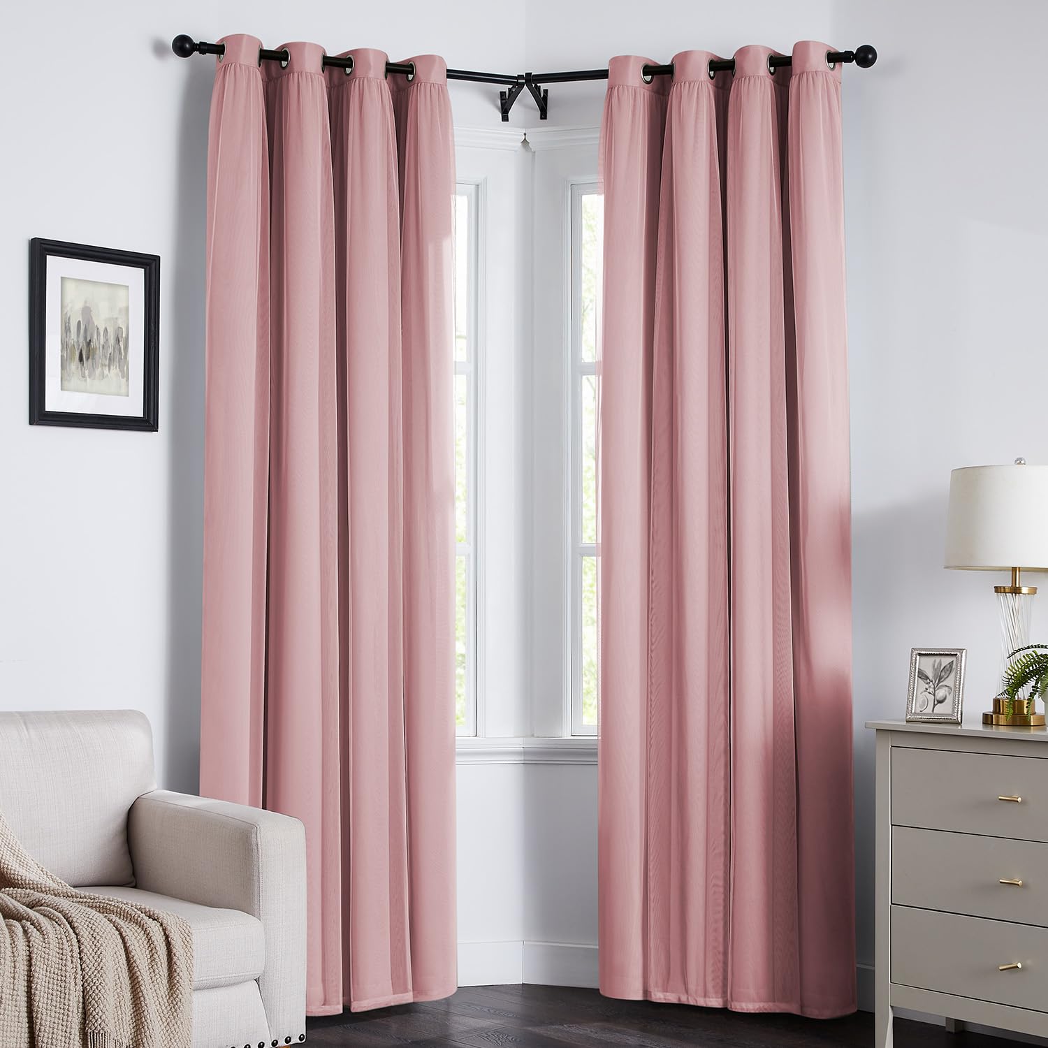Care instructions for Swandream pink blackout curtains showing machine wash.