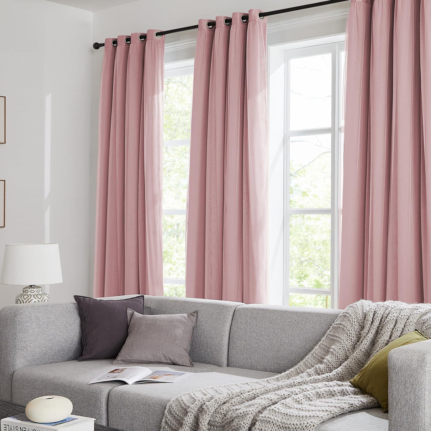 Evening ambiance with Swandream pink blackout curtains improving room darkness.