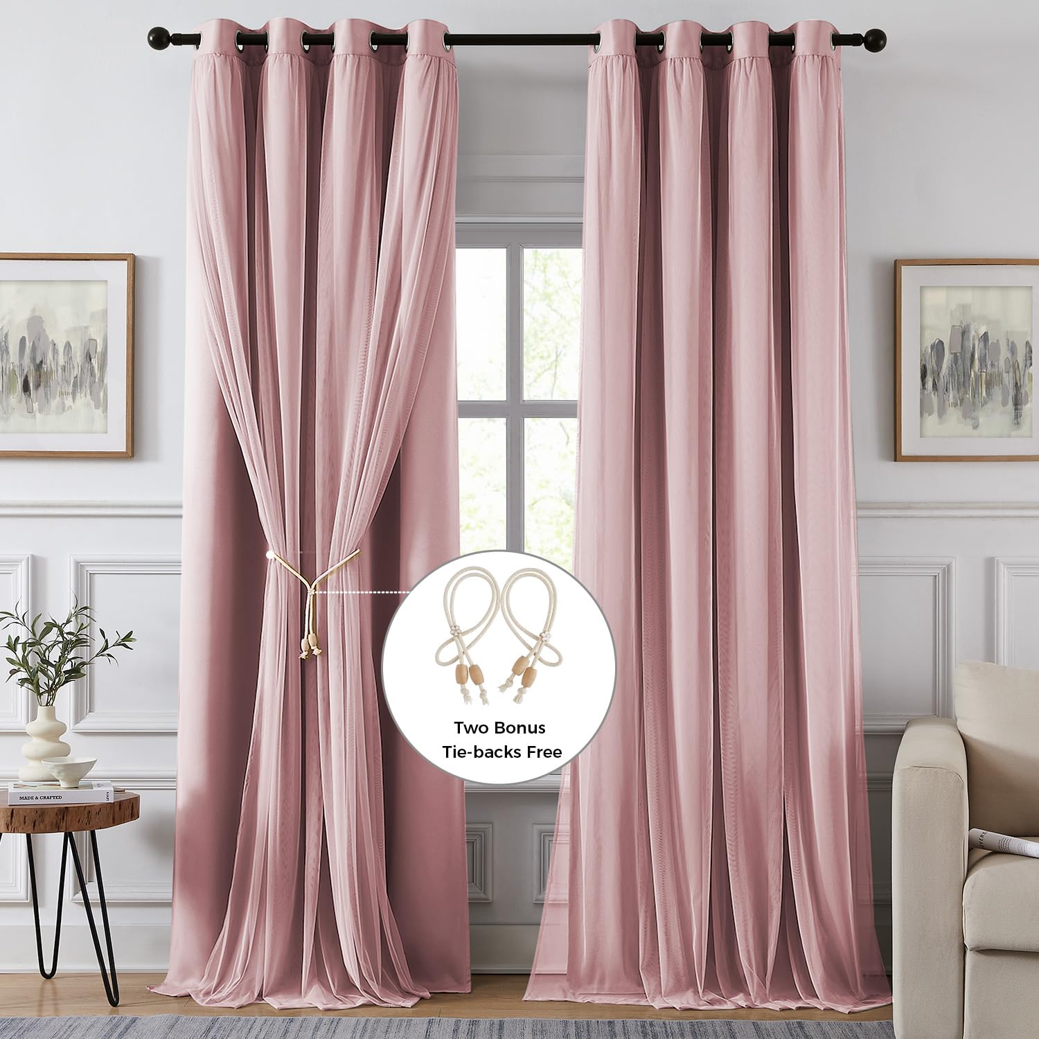 Swandream pink sheer overlay on blackout curtains diffuses daylight softly.