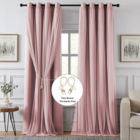 Swandream pink sheer overlay on blackout curtains diffuses daylight softly.