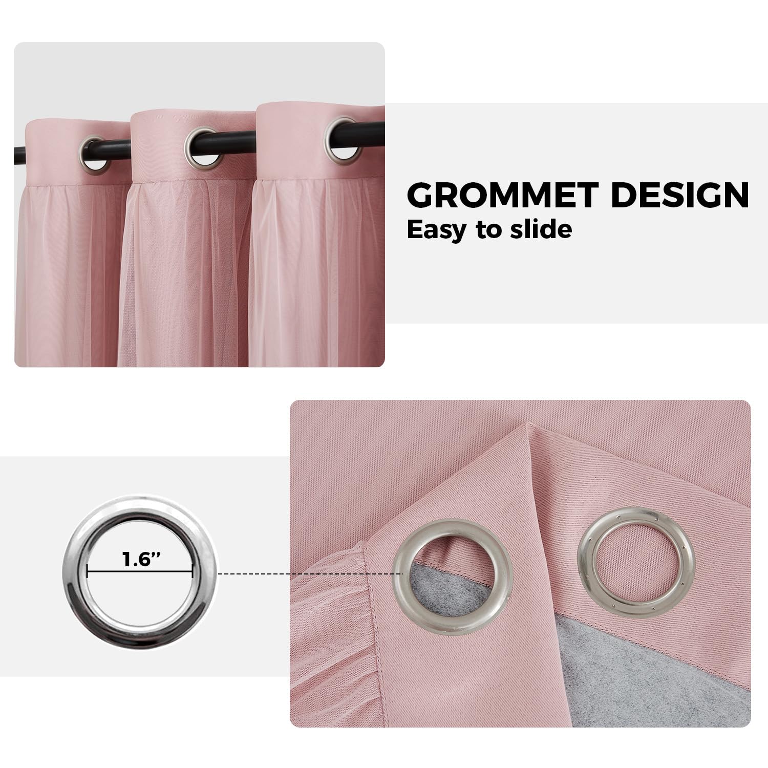 Swandream pink curtains include tie-backs for easy styling when open.