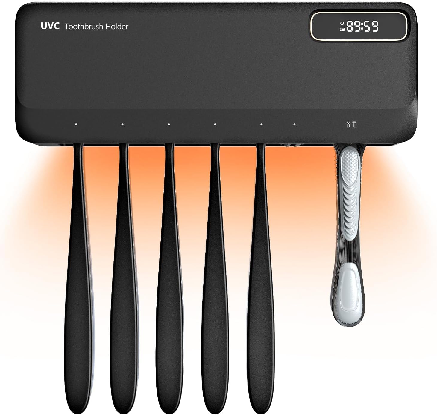 SwanKiss UV toothbrush sanitizer holder front view; sleek black design for clean bathroom organization.