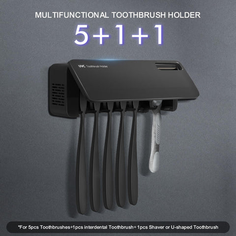 SwanKiss UV toothbrush sanitizer holder interior view; compact 5+1+1 slots for family use.