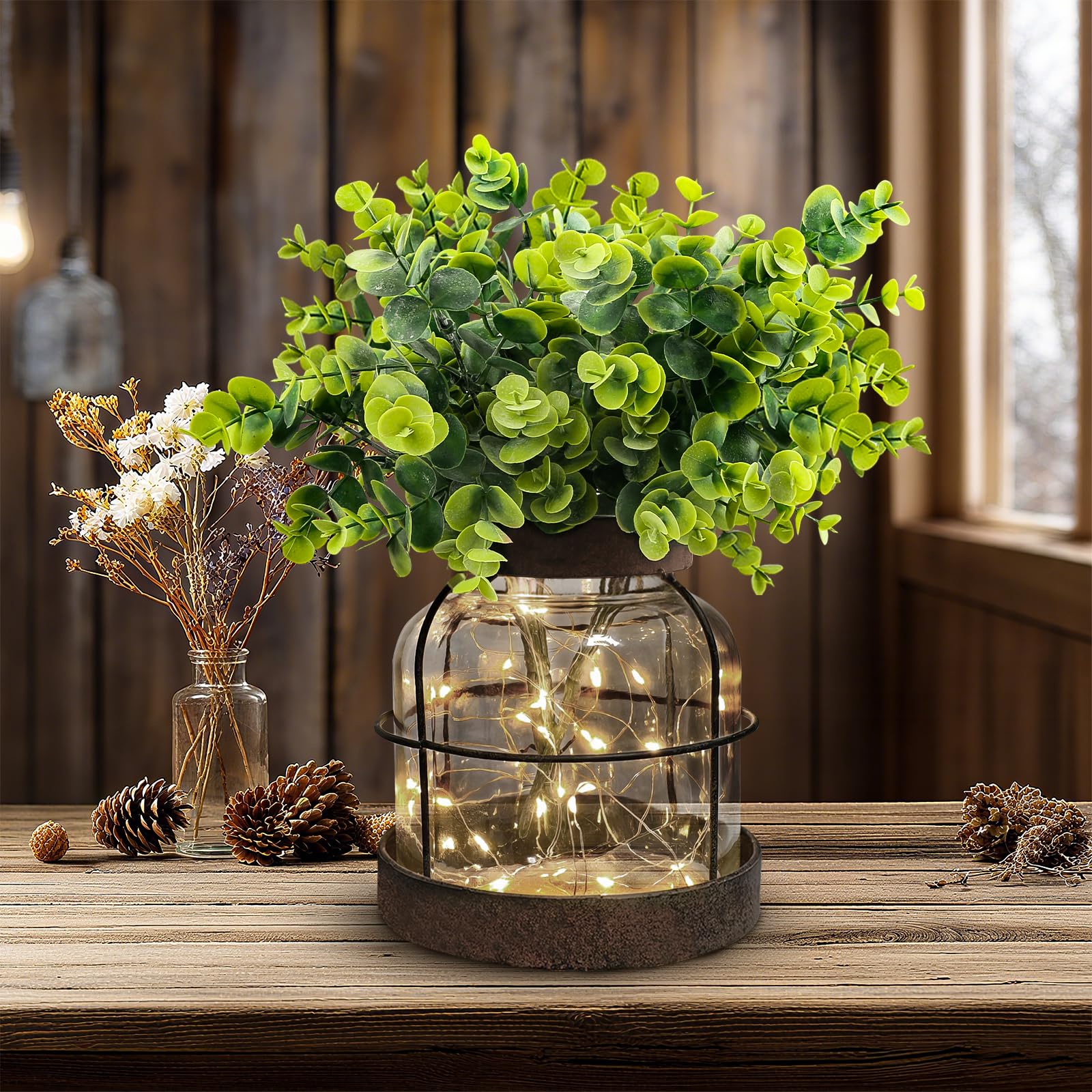 Swarenly rustic farmhouse vase with glass jar and metal frame adds warm country charm.