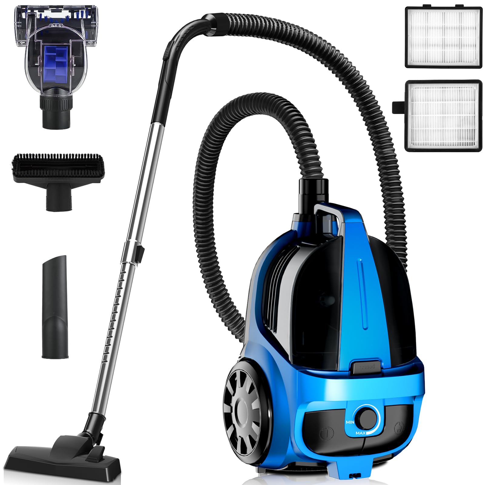 Sweepcent canister vacuum with 45KPa suction for hard floors and carpets.