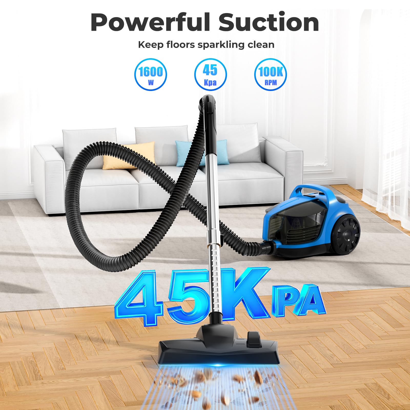 Sweepcent canister vacuum five-tool system cleans baseboards and upholstery efficiently.