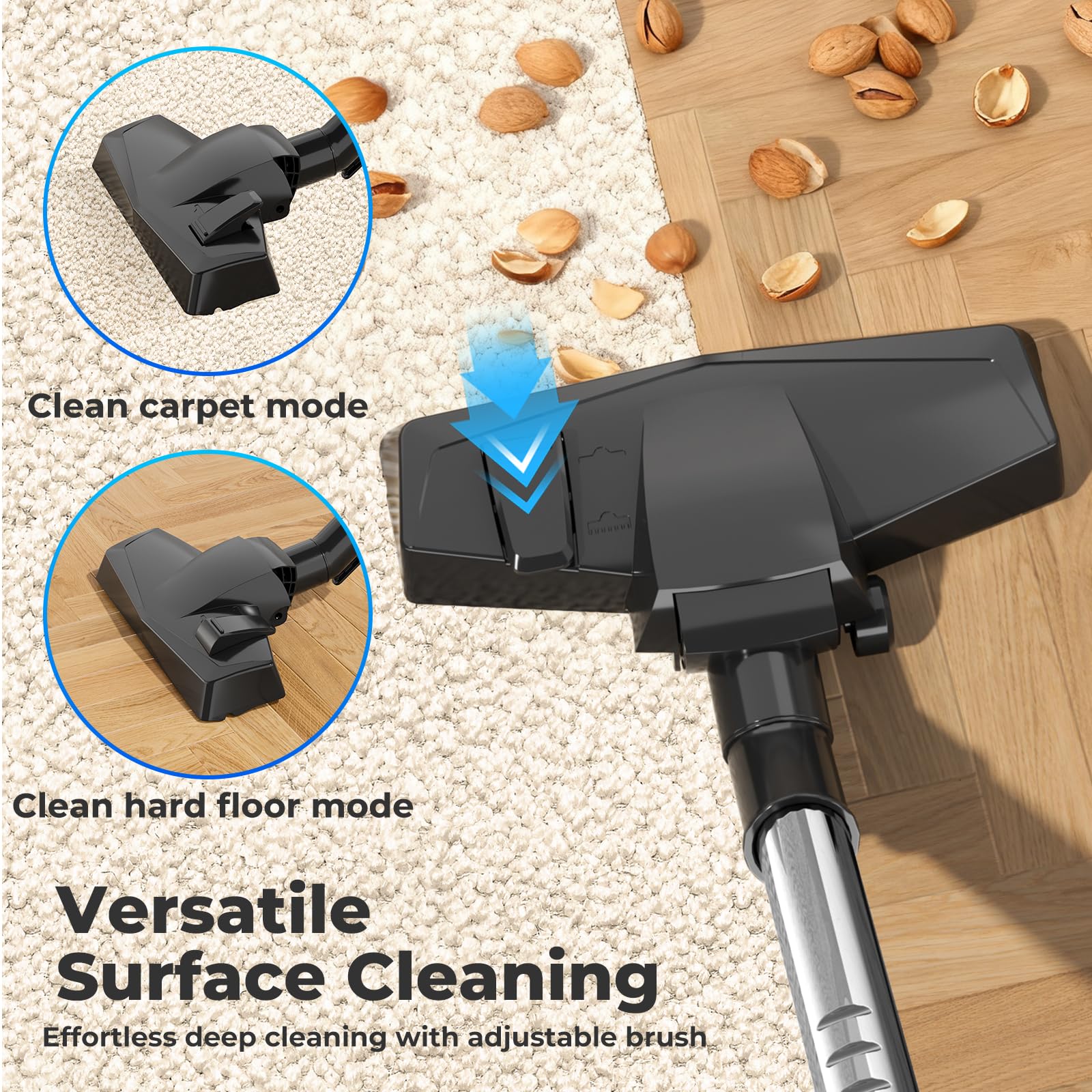 Sweepcent canister vacuum auto-rewind cord extends reach for large rooms.