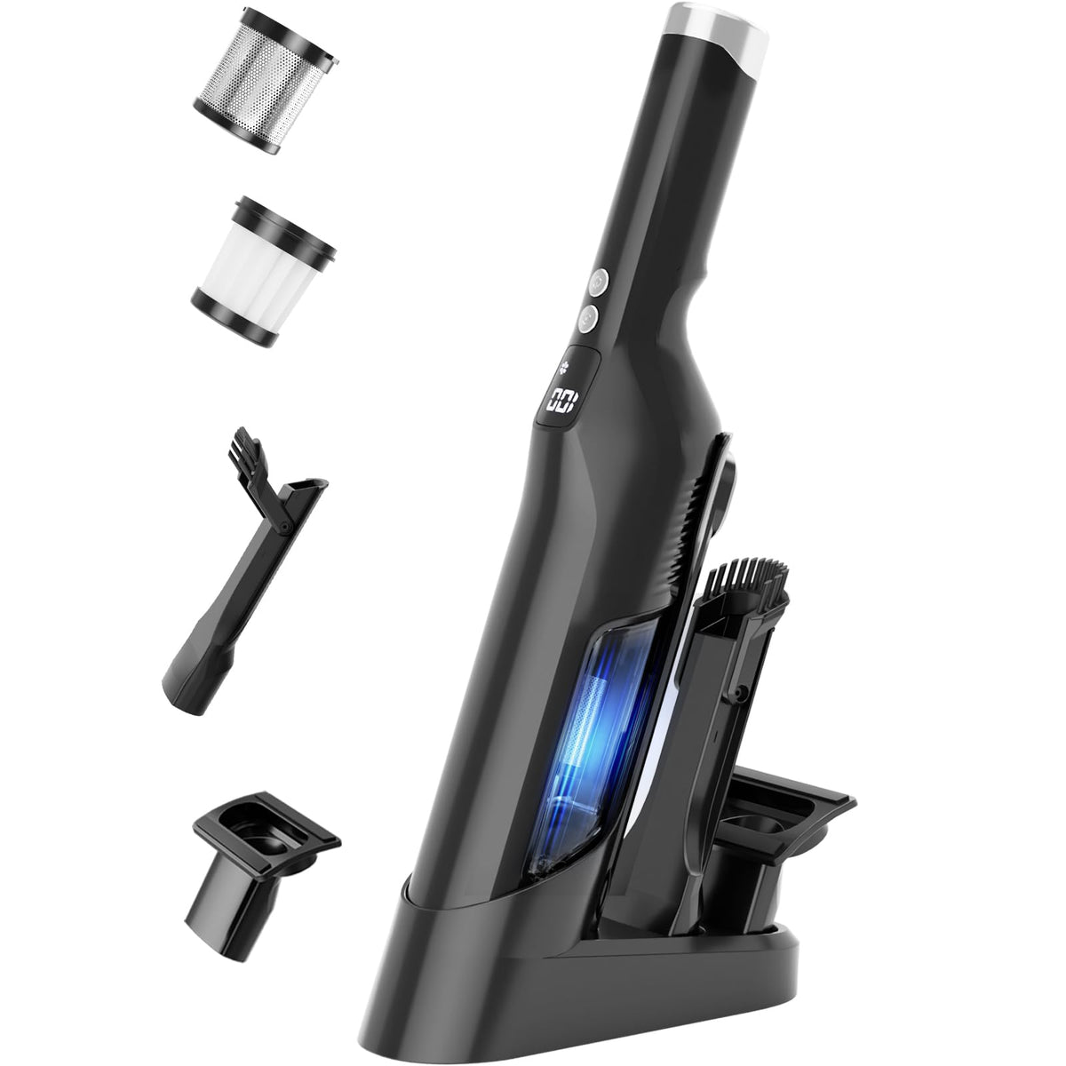 Sweepcent cordless handheld vacuum demonstrates 24KPa suction for car cleaning.
