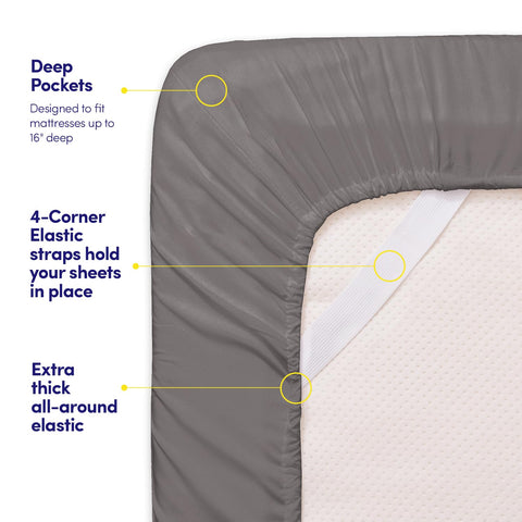 Sweet Home Collection 1500 Supreme King gray corner straps prevent sheet slipping.