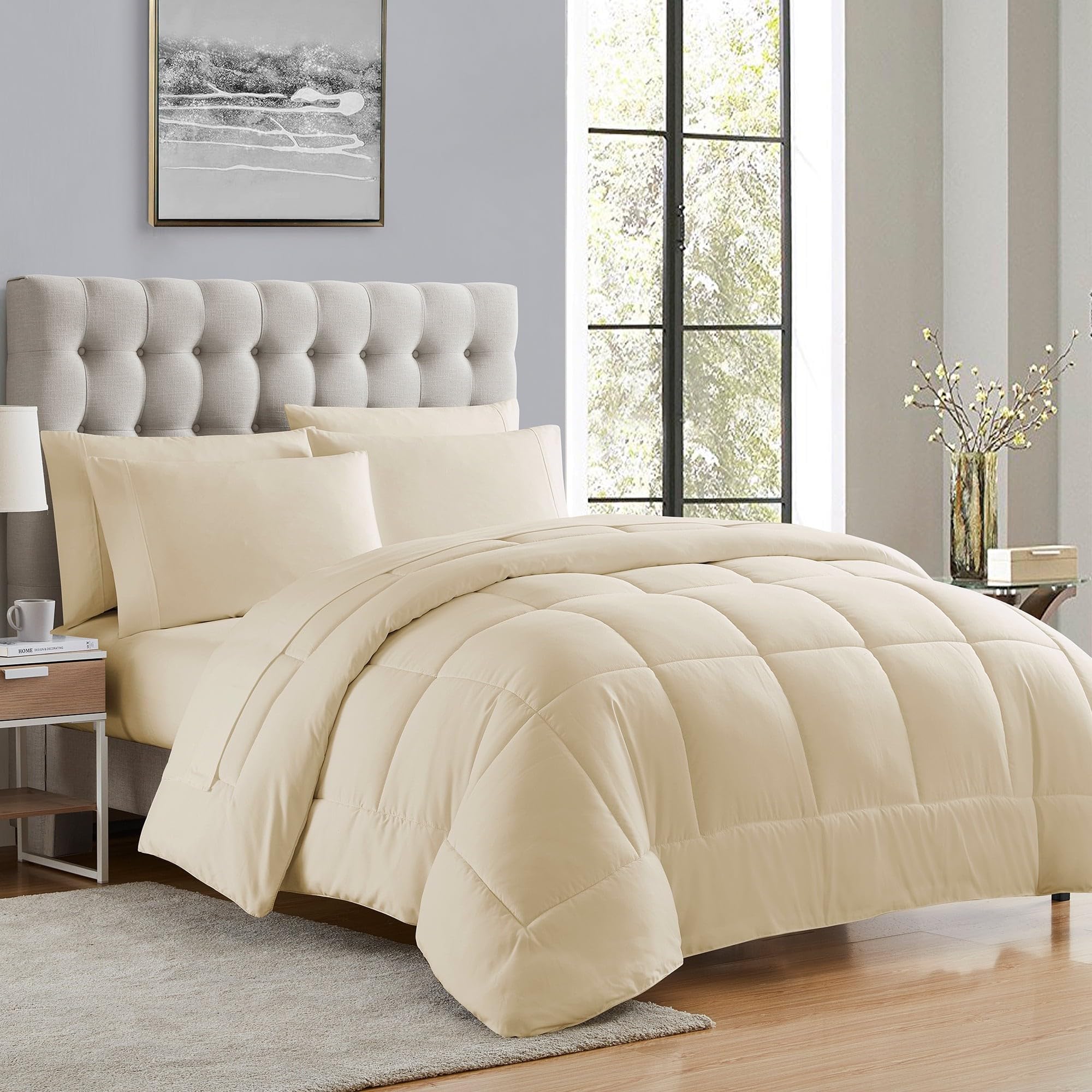 Sweet Home Collection beige full-size bedding features soft microfiber and wrinkle resistance.
